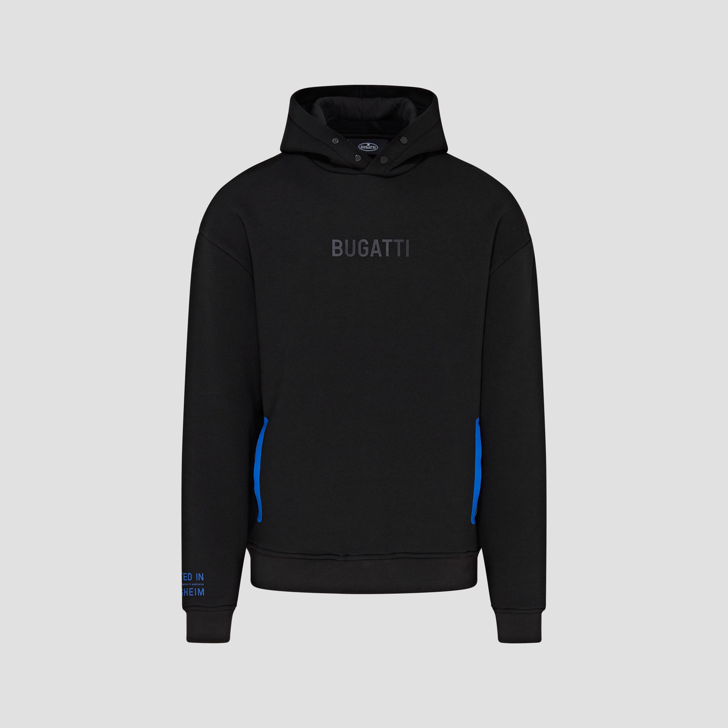 Black hooded sweatshirt with the 'BUGATTI' logo visible on the front and blue accents on the pockets.