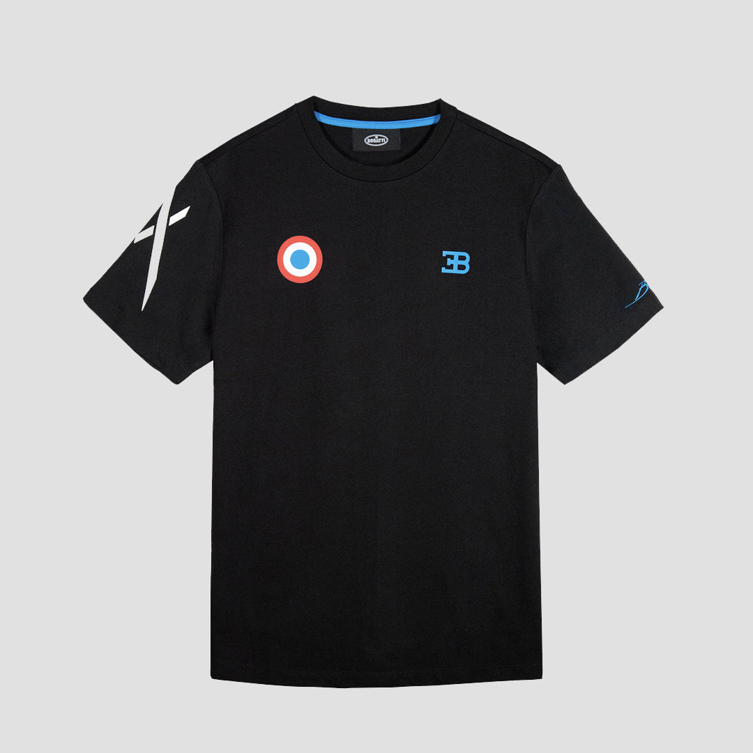 A black t-shirt with the Bugatti brand emblems and a graphic on the back.