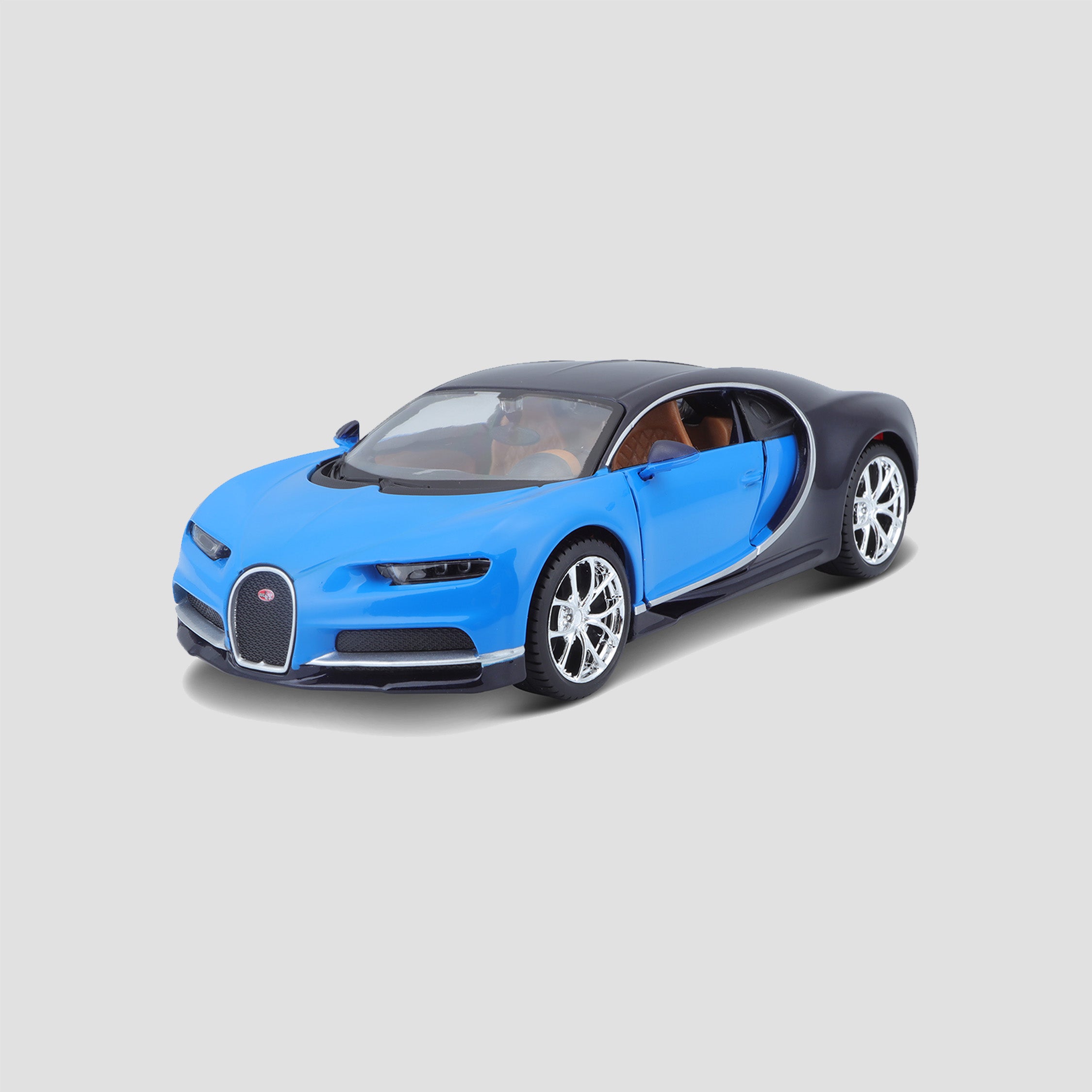 Detailed 1:24 scale model of the Bugatti Chiron in blue with black roof and silver wheels.