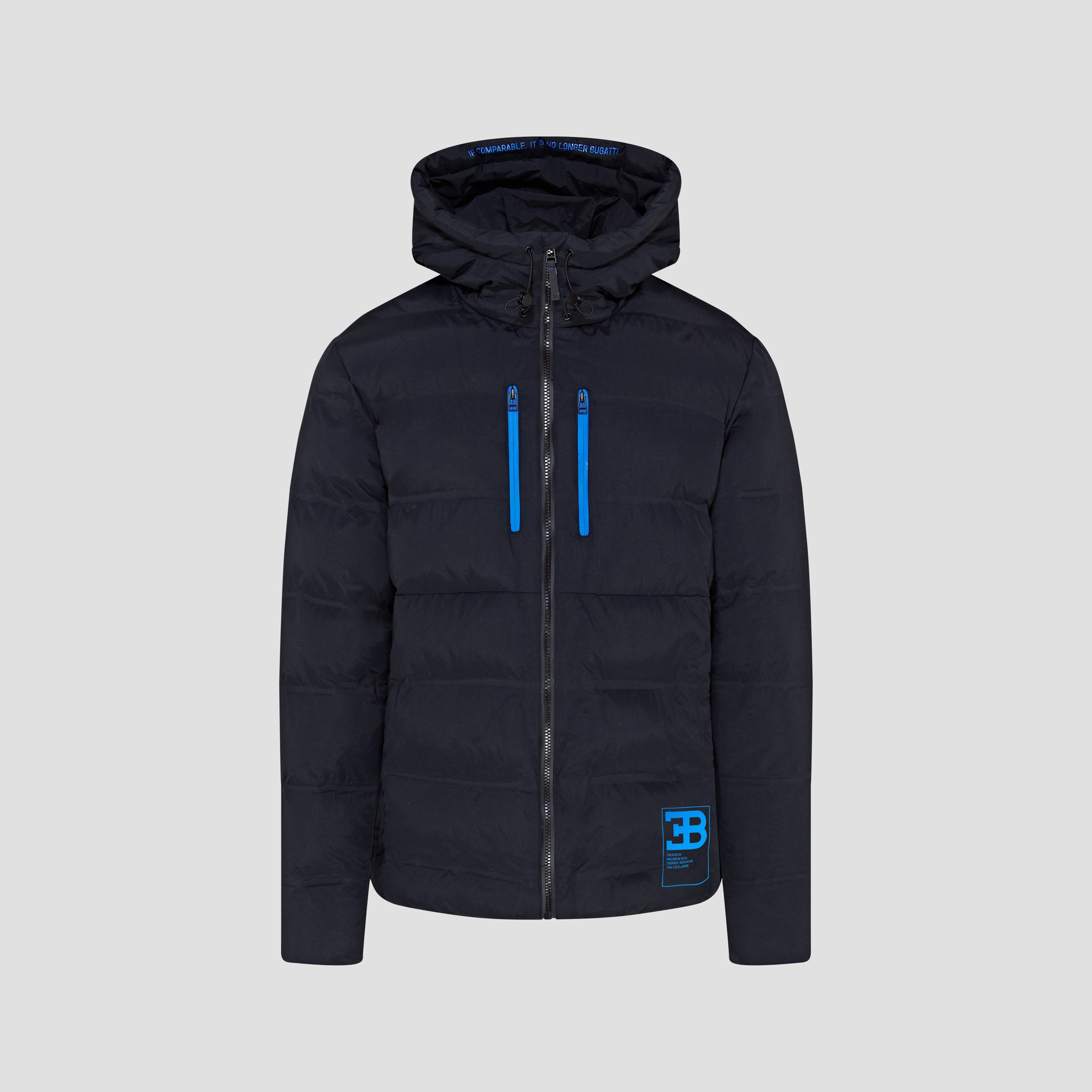 A black puffer jacket with blue zipper detailing, featuring a hood and the BUGATTI brand logo.