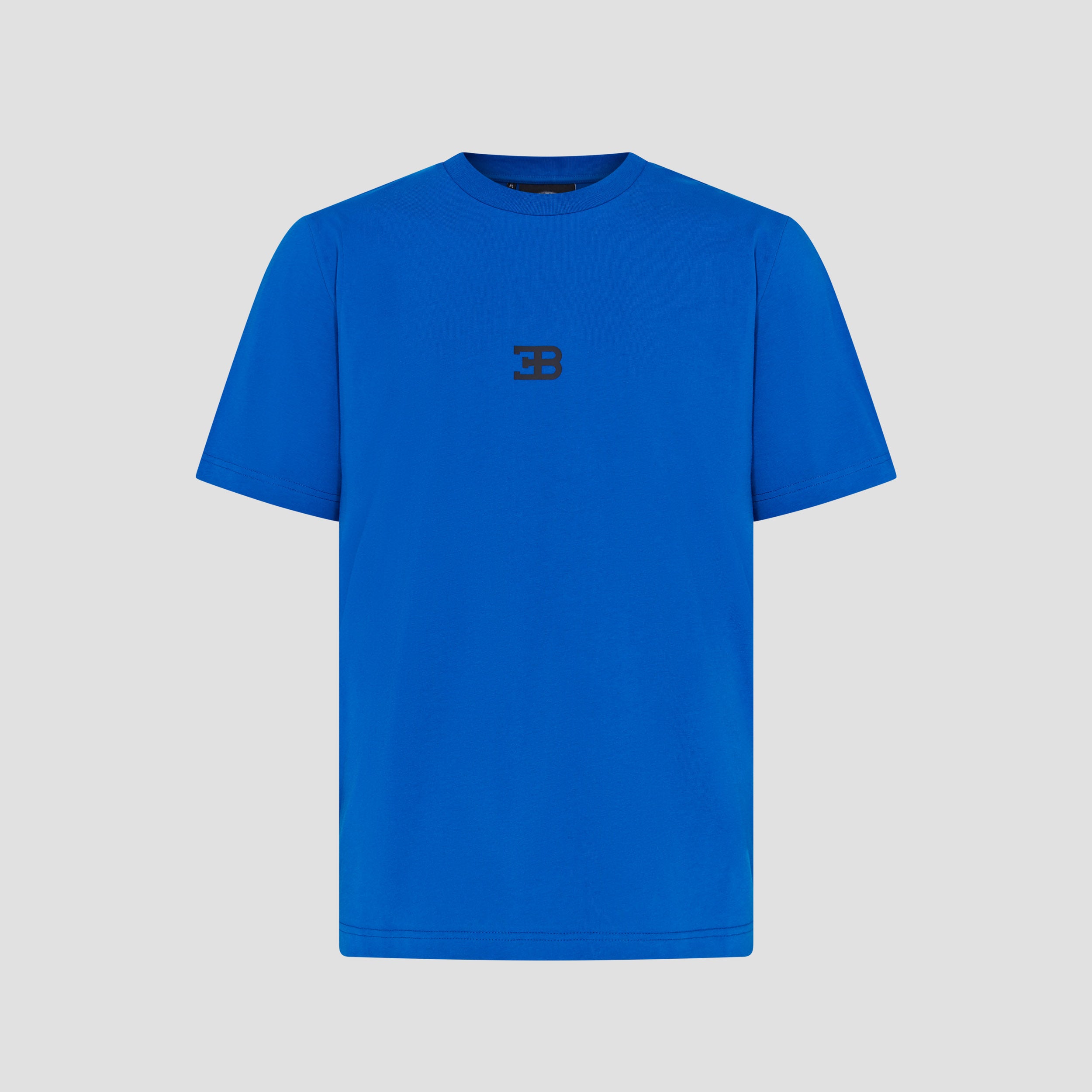 A blue crew neck t-shirt with a small embroidered logo on the chest.