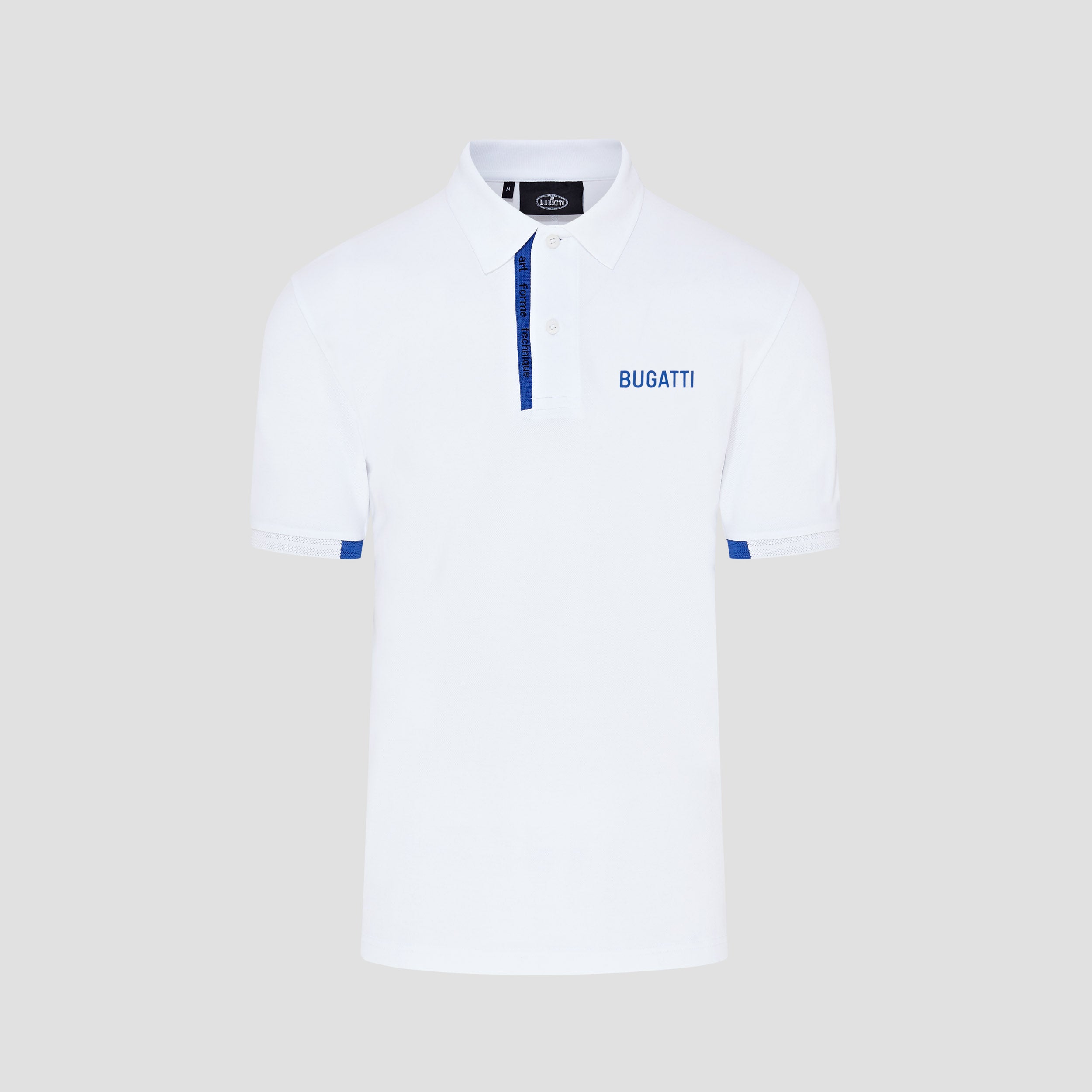 White polo t-shirt with blue accents and a discreet embroidered logo on the chest.