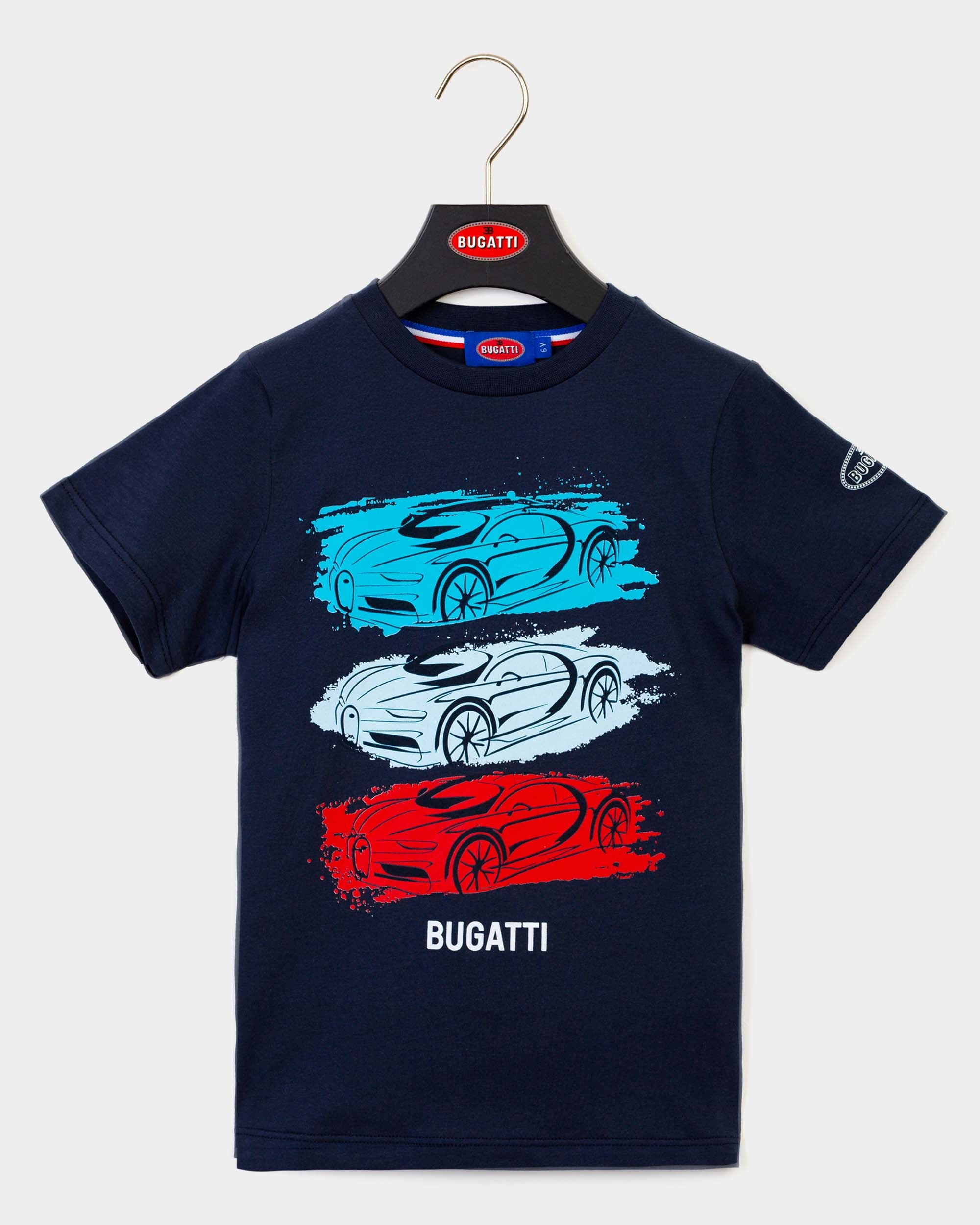 A Bugatti kids' t-shirt with a crewneck, featuring automotive-themed color blocks in blue, white, and red with the Bugatti logo.