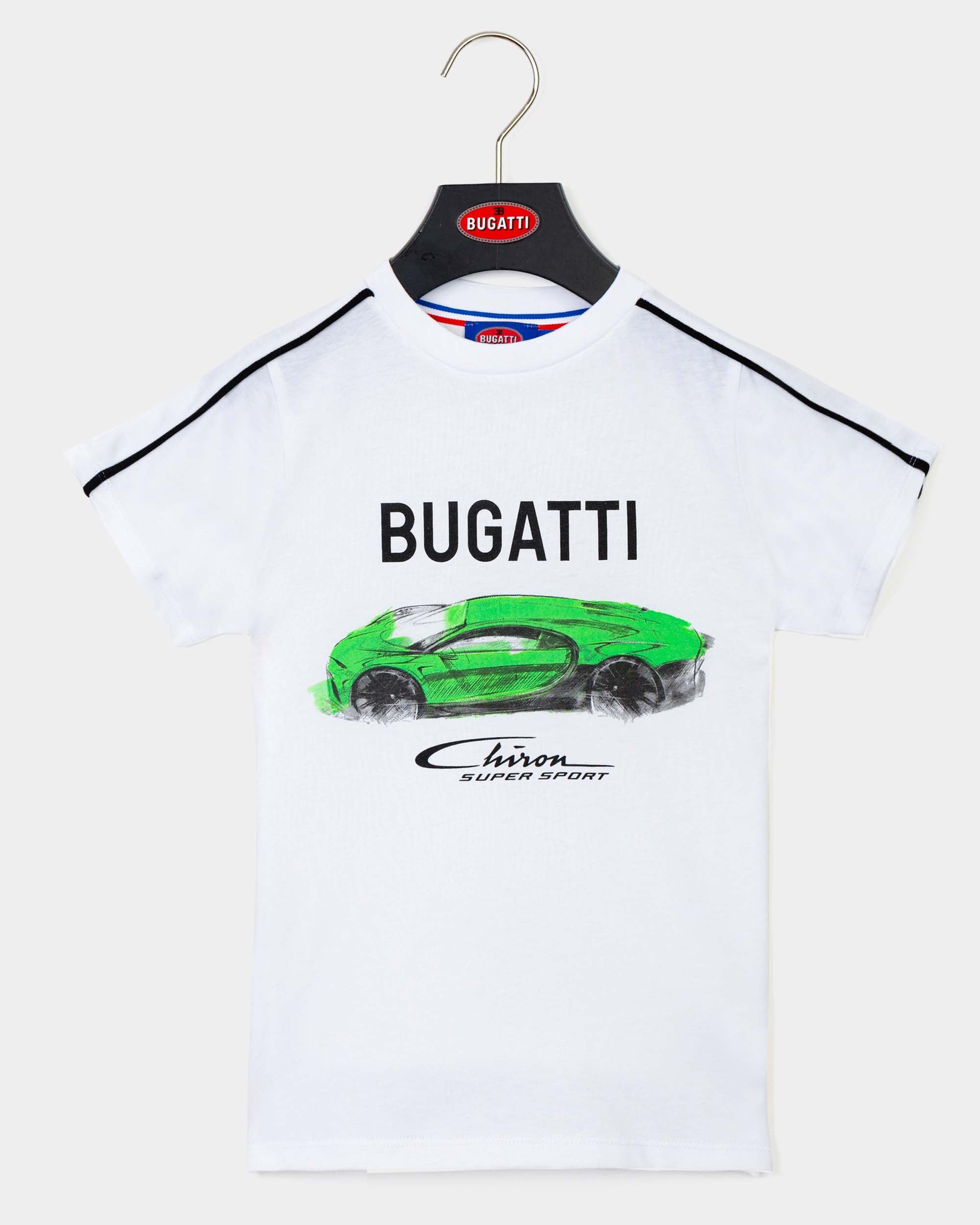 A white Bugatti branded t-shirt with a green car graphic and the text 'CHIRON SUPERSPORT' on it, displayed on a hanger.