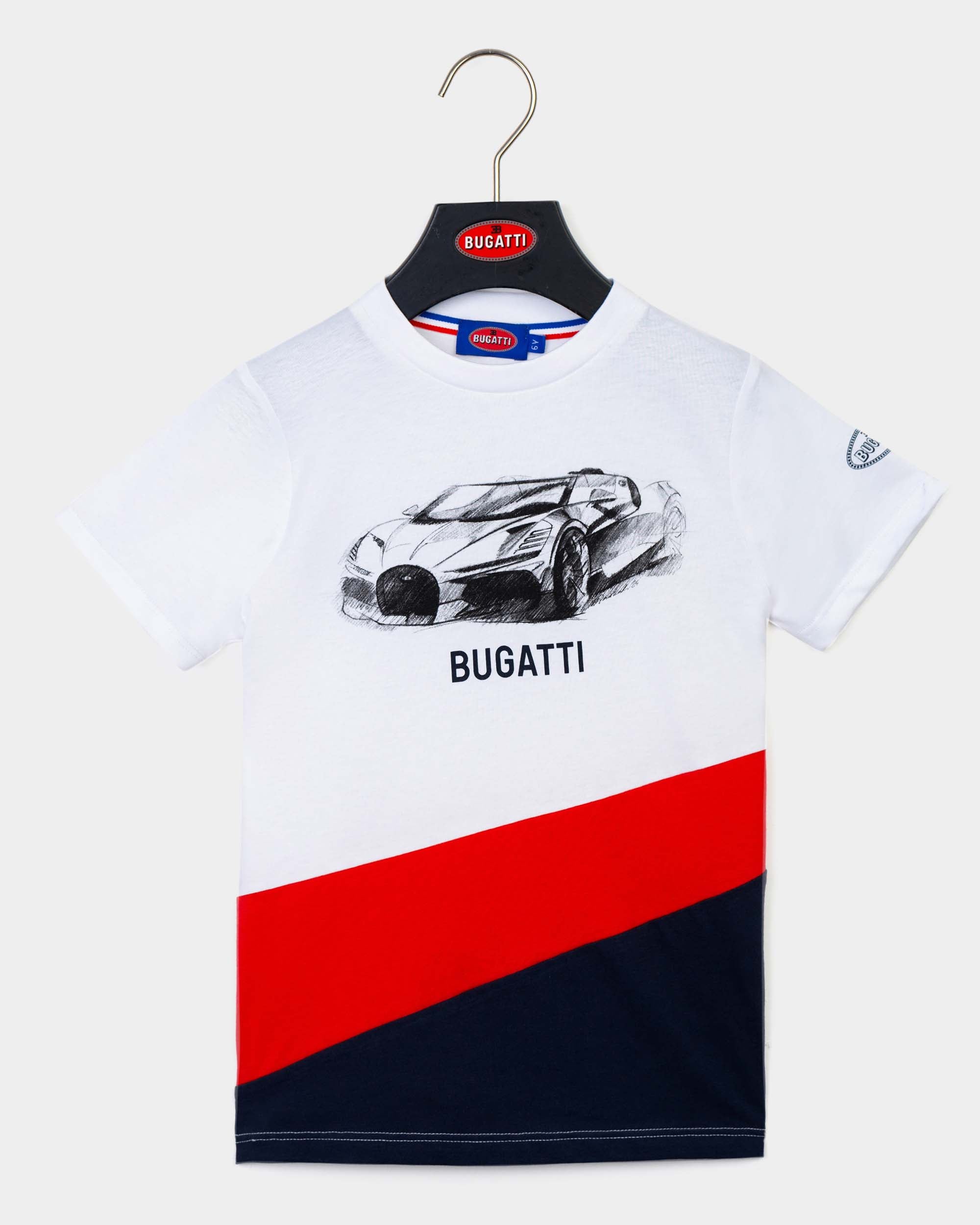 A white Bugatti branded t-shirt with red and blue stripes and a graphic of a car on the front, displayed on a hanger.