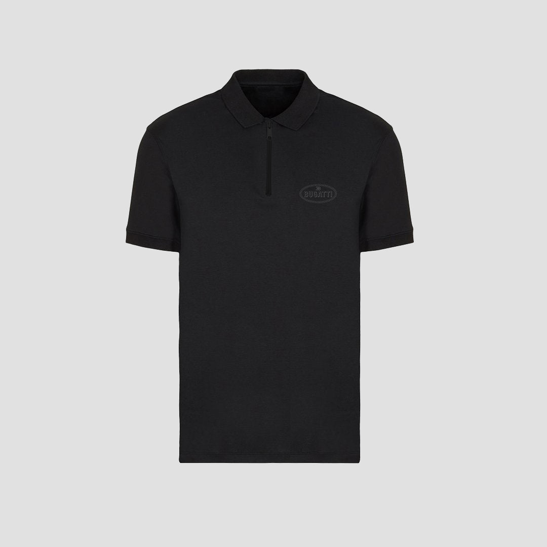 A black short-sleeved women's polo shirt with a subtle logo on the front and reflective stripe on the back.