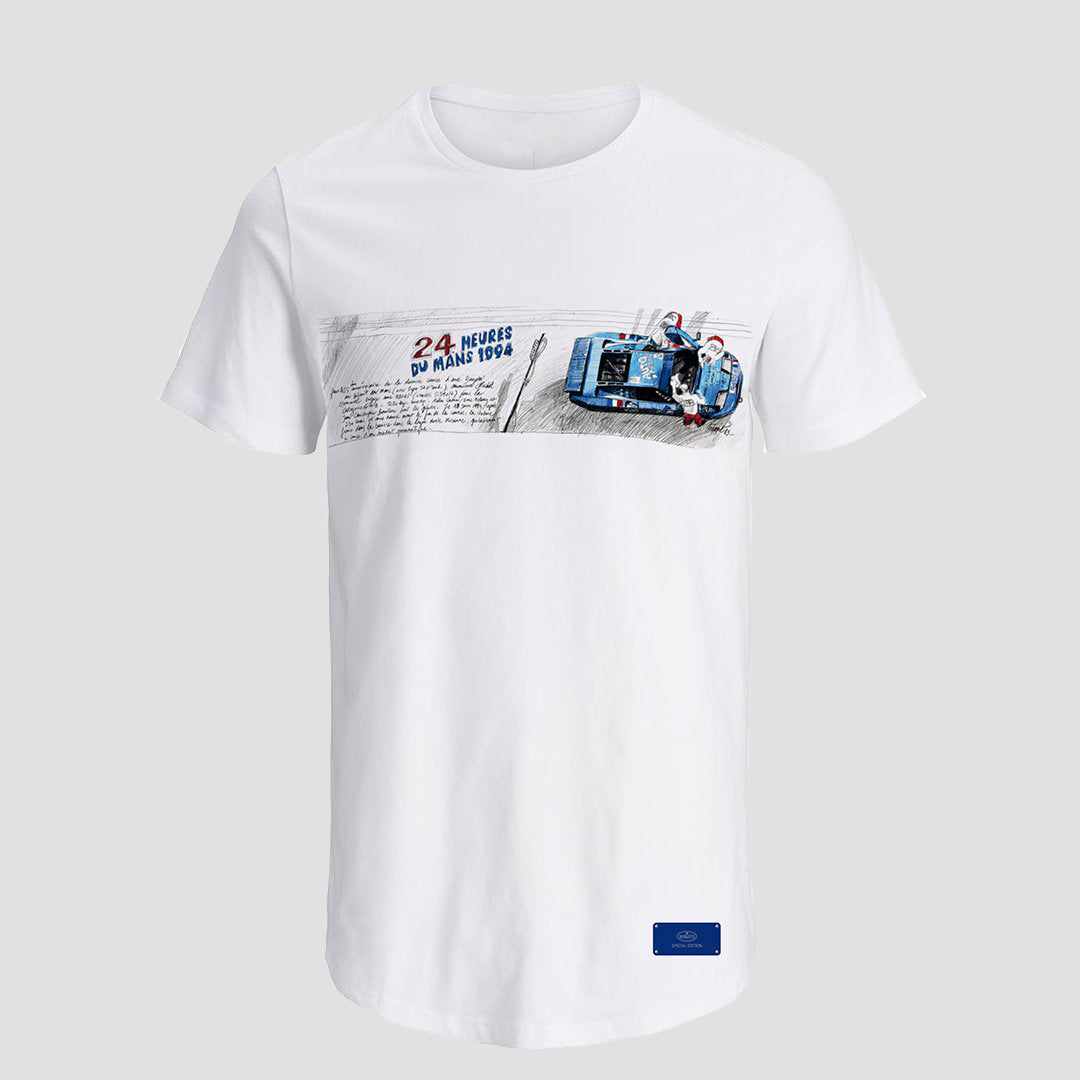 A white, short-sleeved graphic t-shirt with a print of a Bugatti car on the front and the brand's logo on the back.