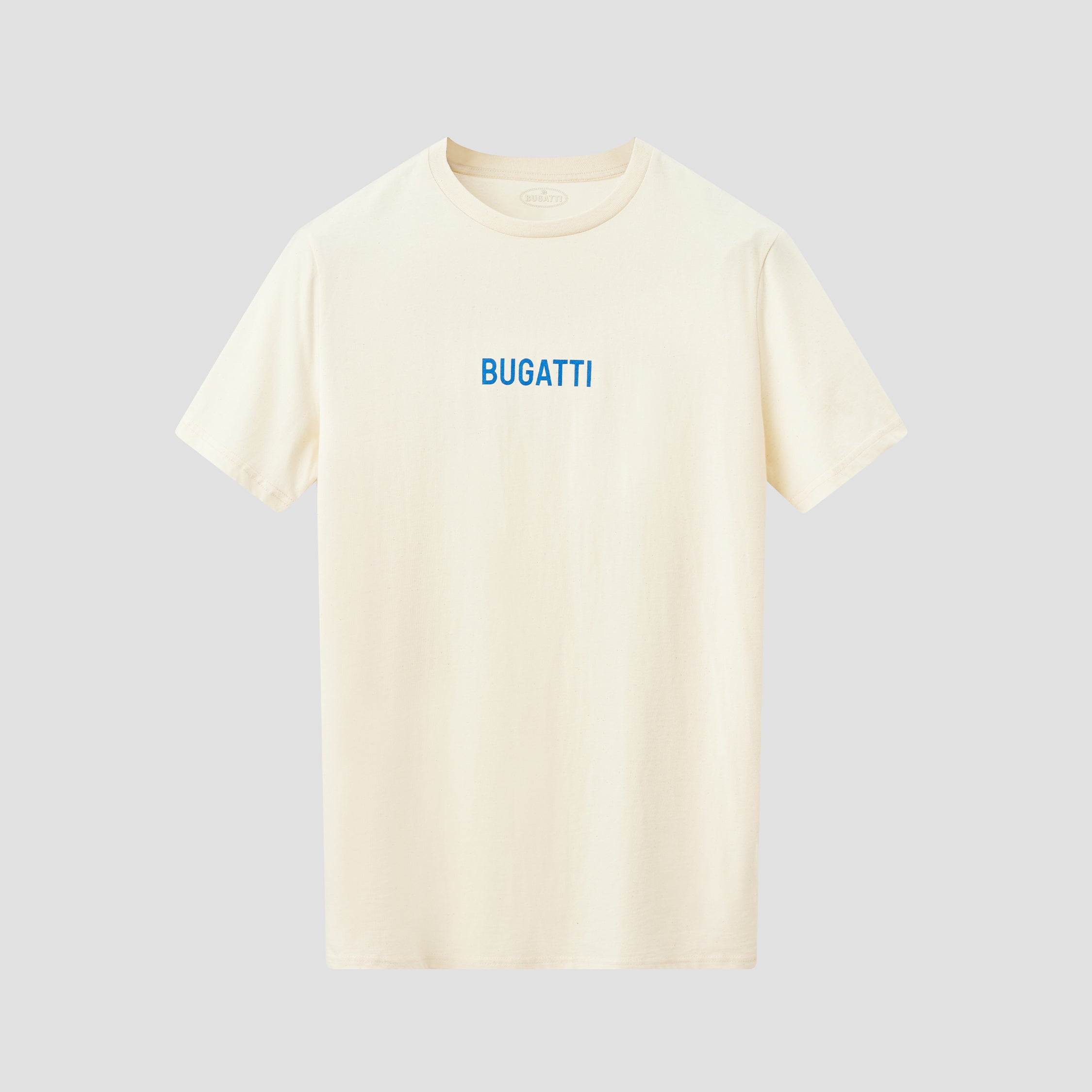 A cream-colored short-sleeved T-shirt with the word 'BUGATTI' printed in blue on the chest.