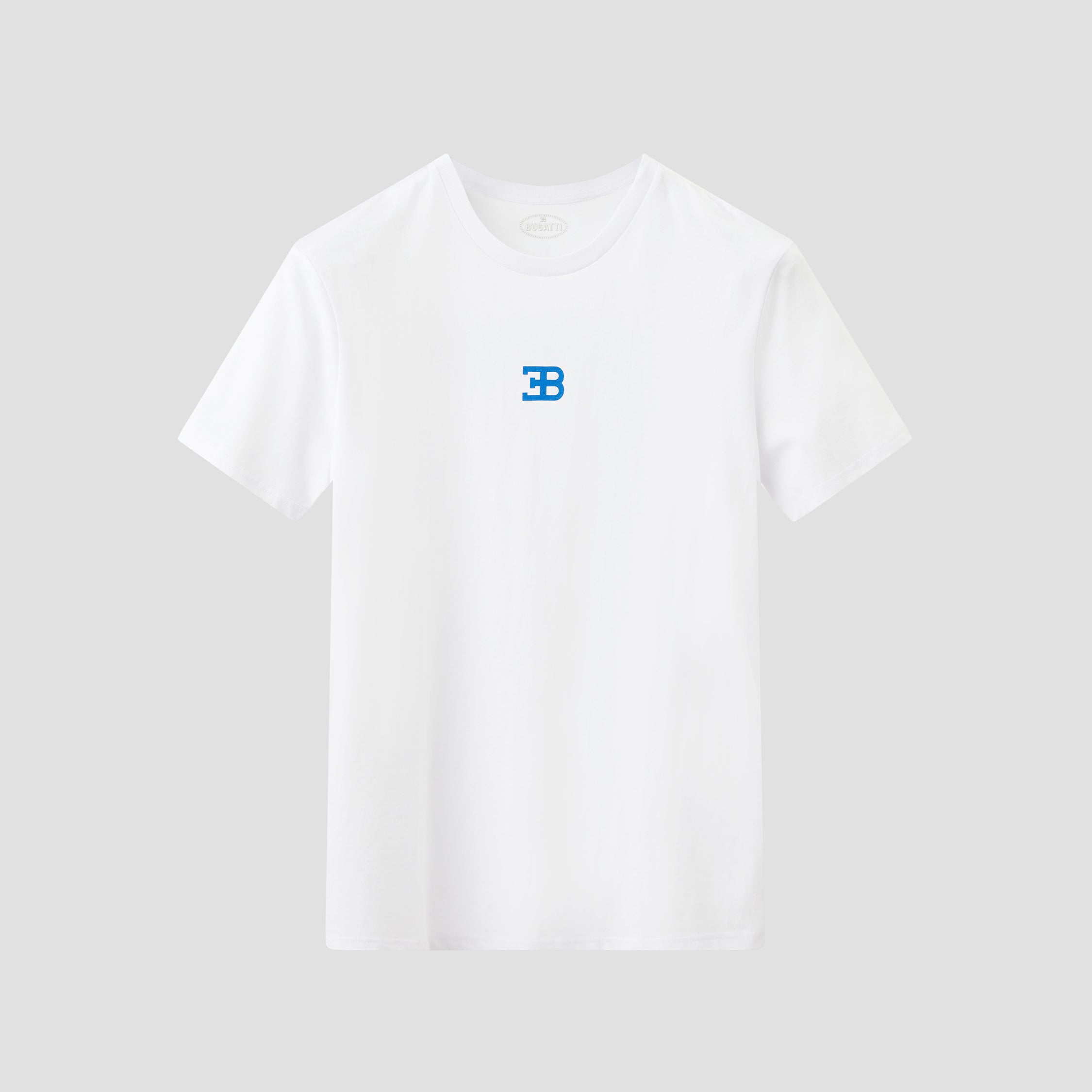 A white short-sleeved t-shirt with the iconic Bugatti emblem printed in blue on the chest and a blue graphic on the back showcasing the evolution of Bugatti's cars.