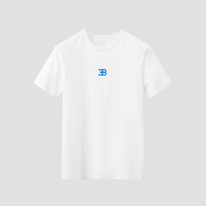 A white short-sleeved t-shirt with the iconic Bugatti emblem printed in blue on the chest and a blue graphic on the back showcasing the evolution of Bugatti's cars.