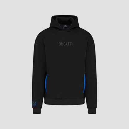 Black hooded sweatshirt with the 'BUGATTI' logo visible on the front and blue accents on the pockets.