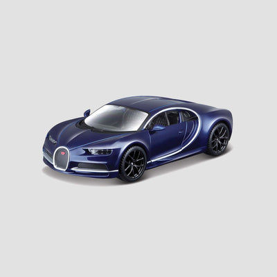 A blue Bugatti Chiron scale model car in 1:32 scale.