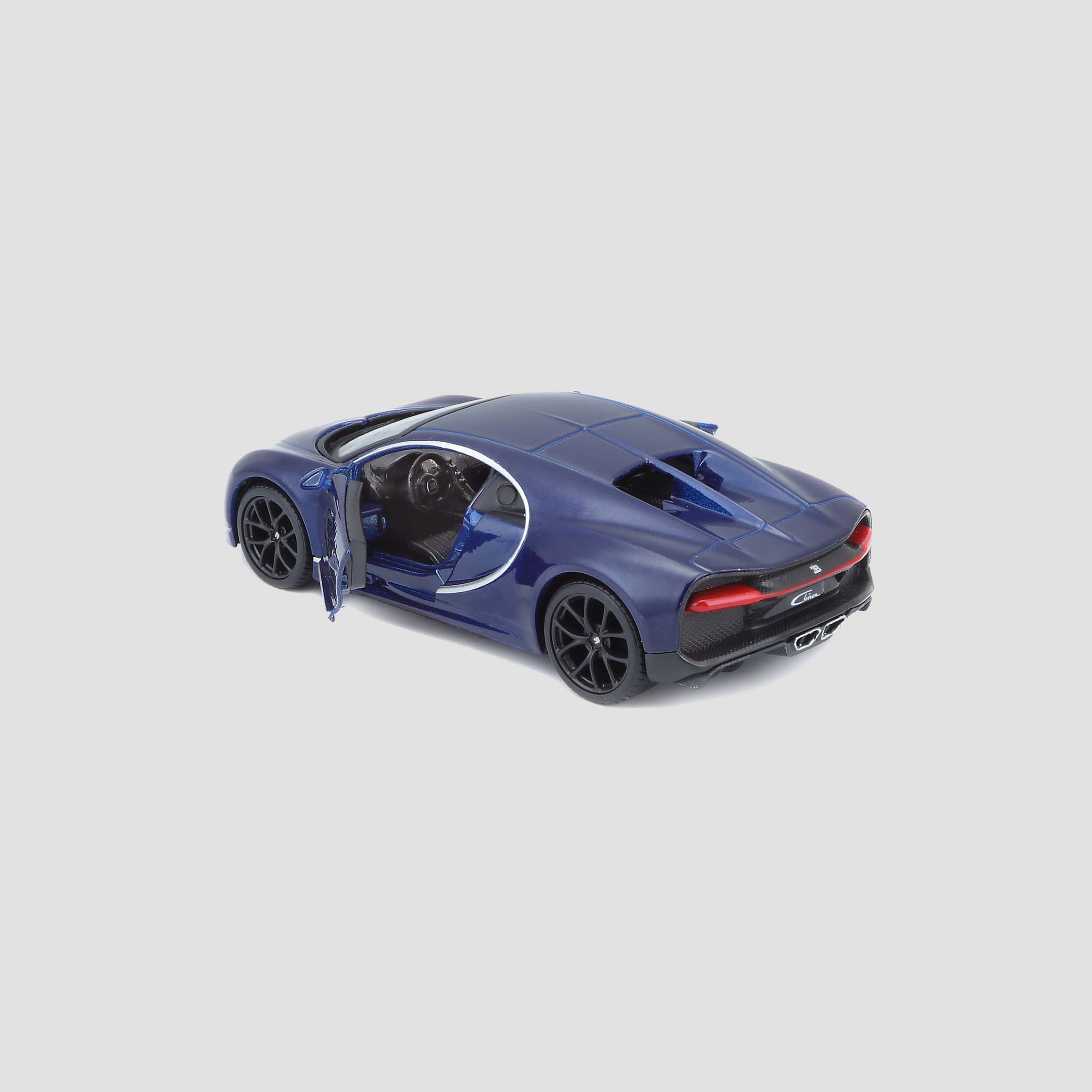 A blue Bugatti Chiron scale model car in 1:32 scale, viewed from the rear.