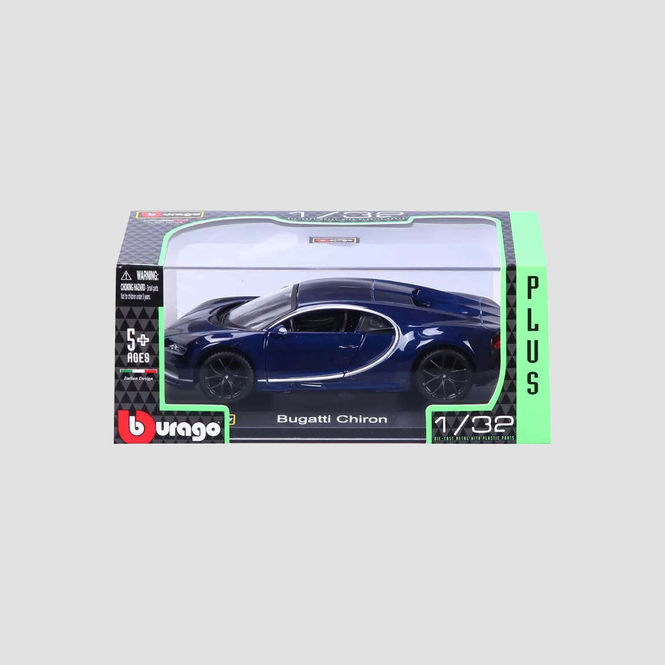 A blue Bugatti Chiron scale model car in 1:32 scale displayed in branded box packaging.