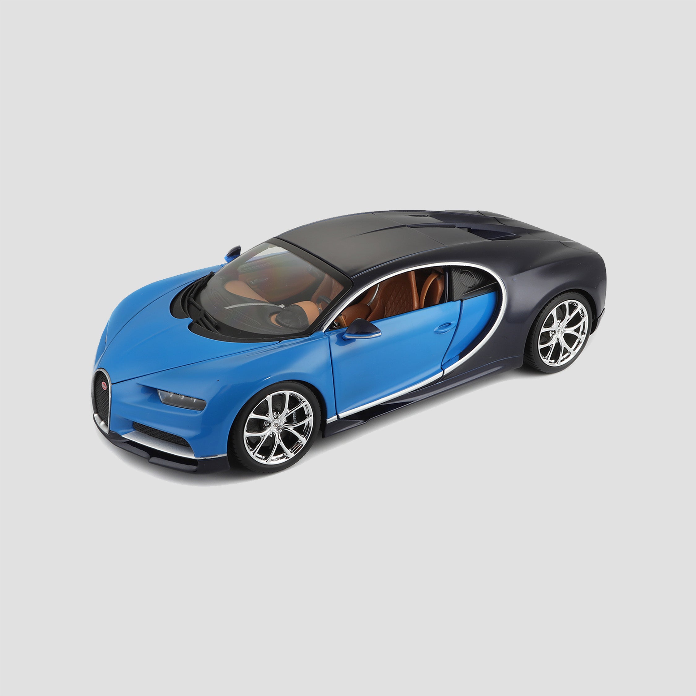 Detailed 1:18 scale model of the Bugatti Chiron in blue with black roof and silver wheels.