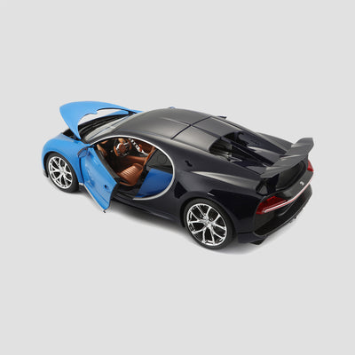 1:18 scale model of the Bugatti Chiron in blue with black with doors & bonnet open, view from behind.