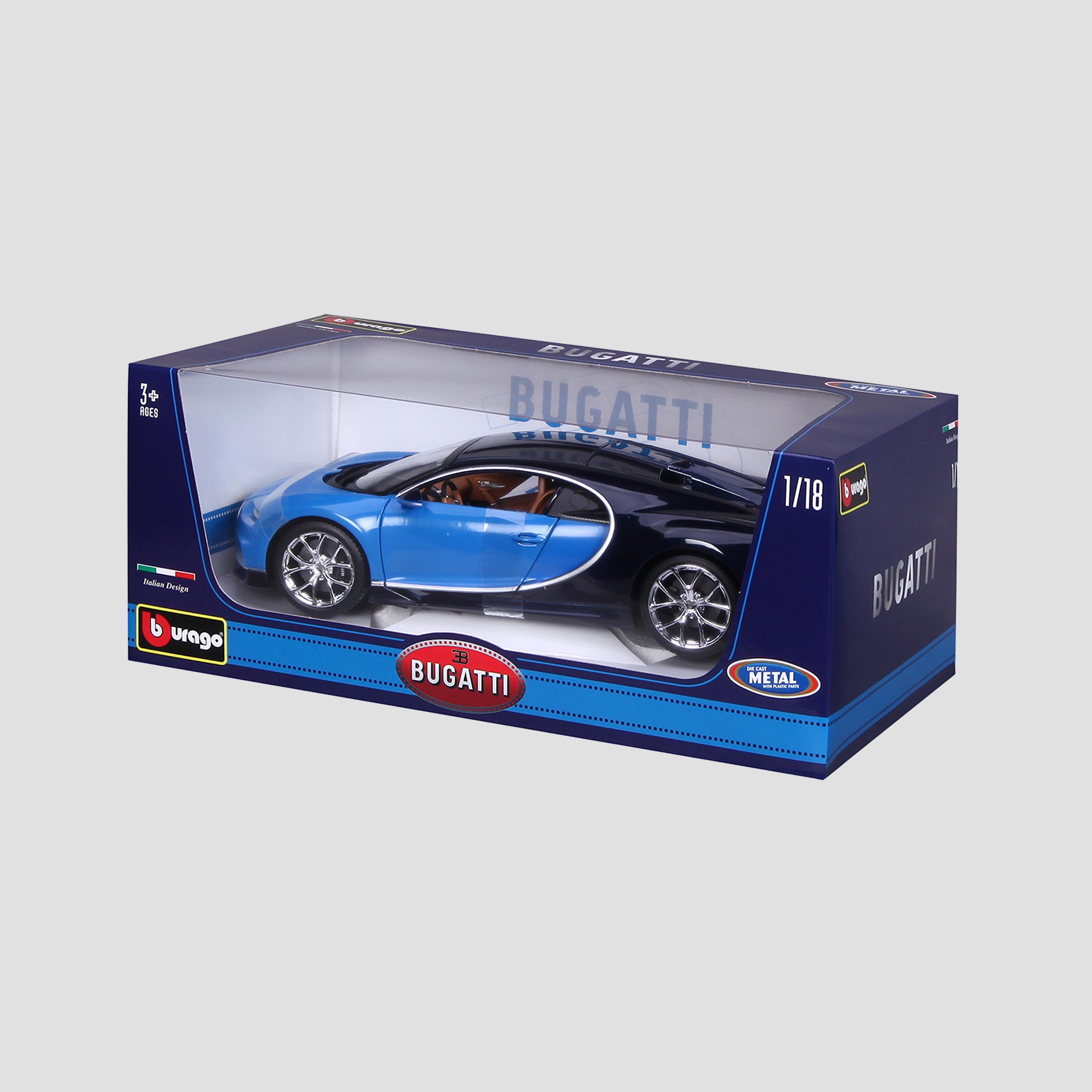 1:18 scale model of the Bugatti Chiron in blue and black displayed in branded box packaging.