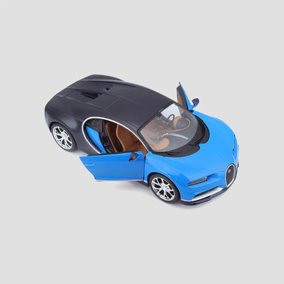 1:24 scale model of the Bugatti Chiron in blue with black with doors & bonnet open.