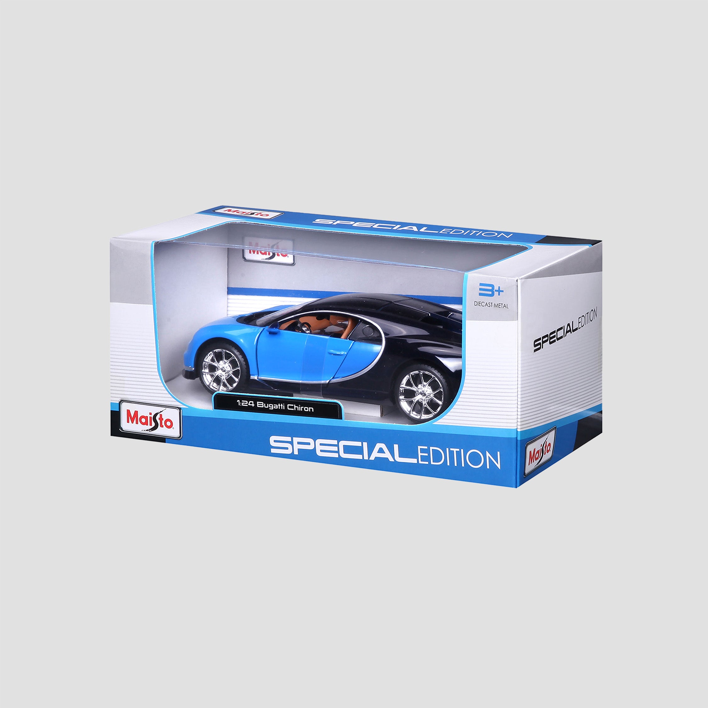 1:24 scale model of the Bugatti Chiron in blue and black displayed in branded box packaging.