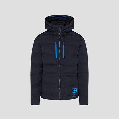 A black puffer jacket with blue zipper detailing, featuring a hood and the BUGATTI brand logo.