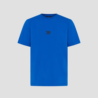 A blue crew neck t-shirt with a small embroidered logo on the chest.