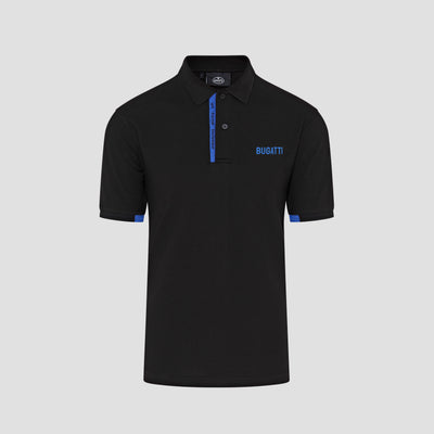 A black polo shirt with blue accents and a subtle embroidered logo.