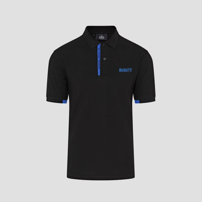 A black polo shirt with blue accents and a subtle embroidered logo.