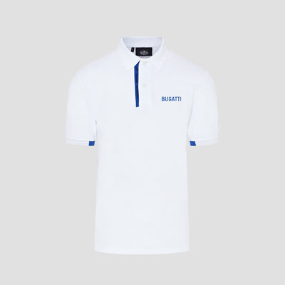 White polo t-shirt with blue accents and a discreet embroidered logo on the chest.