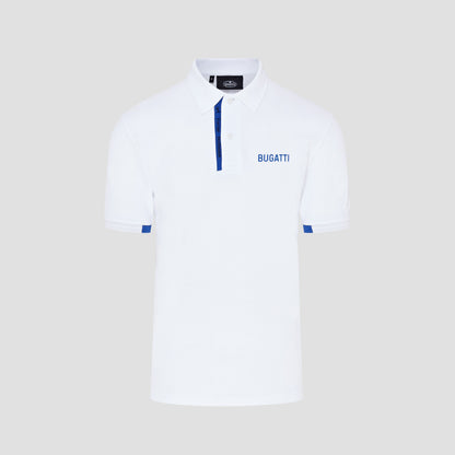 White polo t-shirt with blue accents and a discreet embroidered logo on the chest.