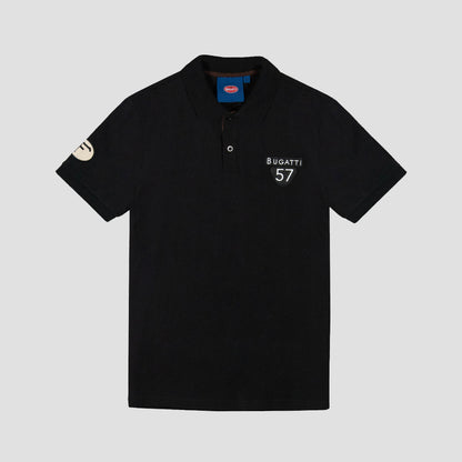 A black short-sleeved polo shirt with the Bugatti 57 emblem on the front.