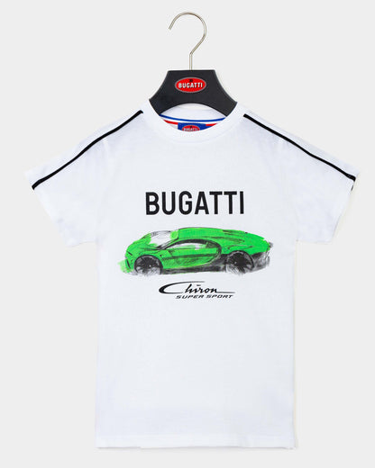 A white Bugatti branded t-shirt with a green car graphic and the text 'CHIRON SUPERSPORT' on it, displayed on a hanger.