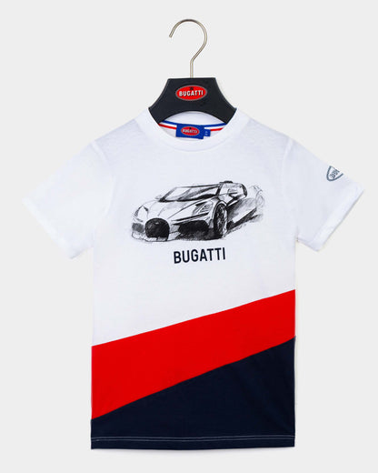 A white Bugatti branded t-shirt with red and blue stripes and a graphic of a car on the front, displayed on a hanger.
