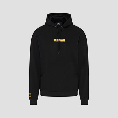 A black hoodie with the 'BUGATTI' brand name written across the front in bold letters.
