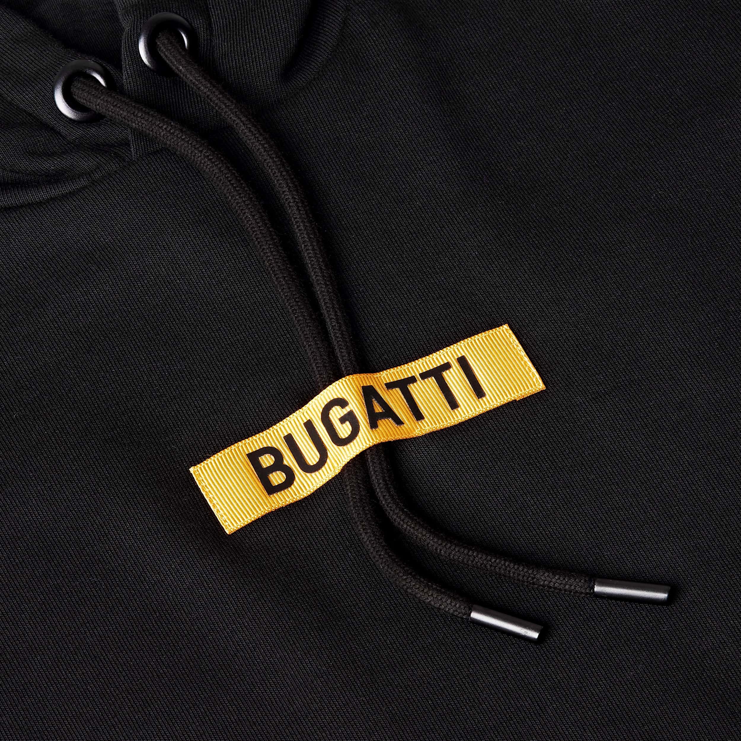 Black hoodie with a yellow Bugatti label on the chest.