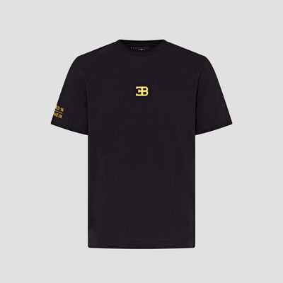 A black crew neck t-shirt with gold text and logo embroidery on the chest.