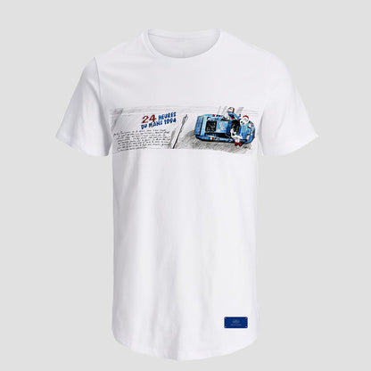 A white, short-sleeved graphic t-shirt with a print of a Bugatti car on the front and the brand's logo on the back.