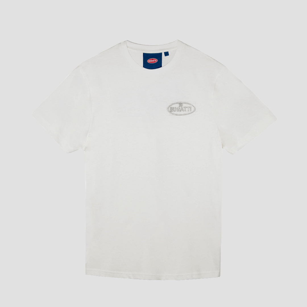 A white short-sleeved Bugatti brand t-shirt with the logo on the front and a graphic on the back.