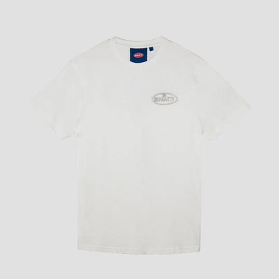 A white short-sleeved Bugatti brand t-shirt with the logo on the front and a graphic on the back.