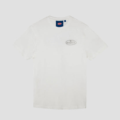 A white short-sleeved Bugatti brand t-shirt with the logo on the front and a graphic on the back.