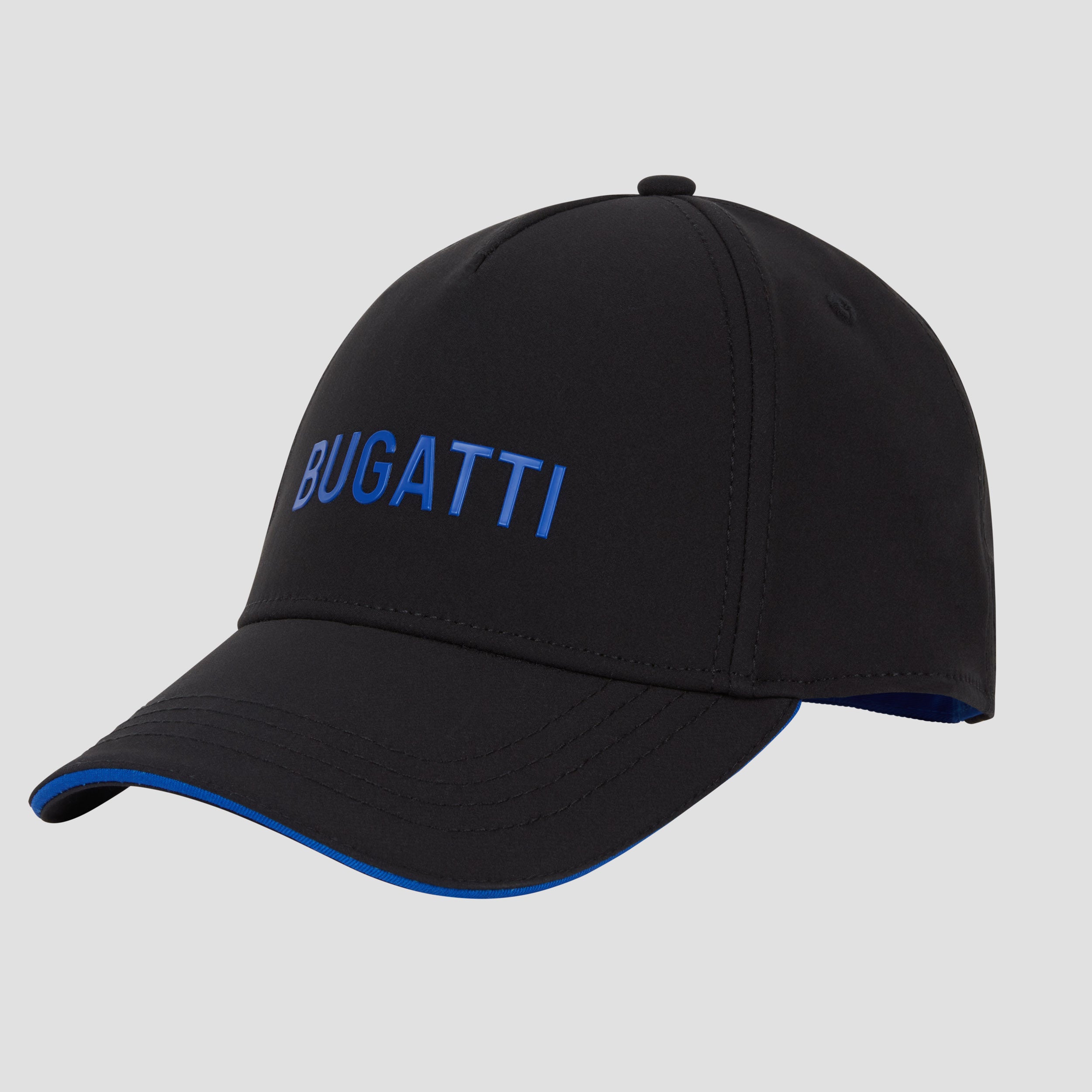 A black baseball cap with the 'BUGATTI' brand name in blue on the front.
