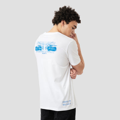 A person wearing a white short-sleeved t-shirt with a graphic print on the back, featuring the Bugatti emblem and a sketch of a car.