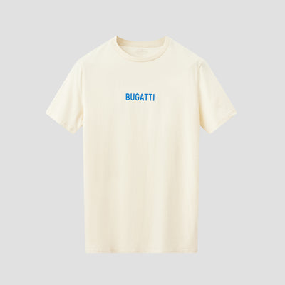 A cream-colored short-sleeved T-shirt with the word 'BUGATTI' printed in blue on the chest.